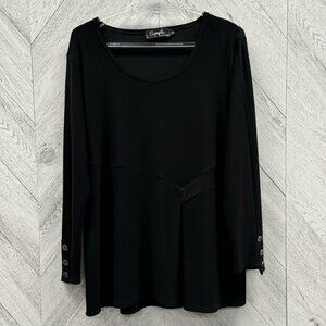 Sympli Tunic Top Womens Size 8 Black Jersey Scoop Neck Long Sleeve Button Detail